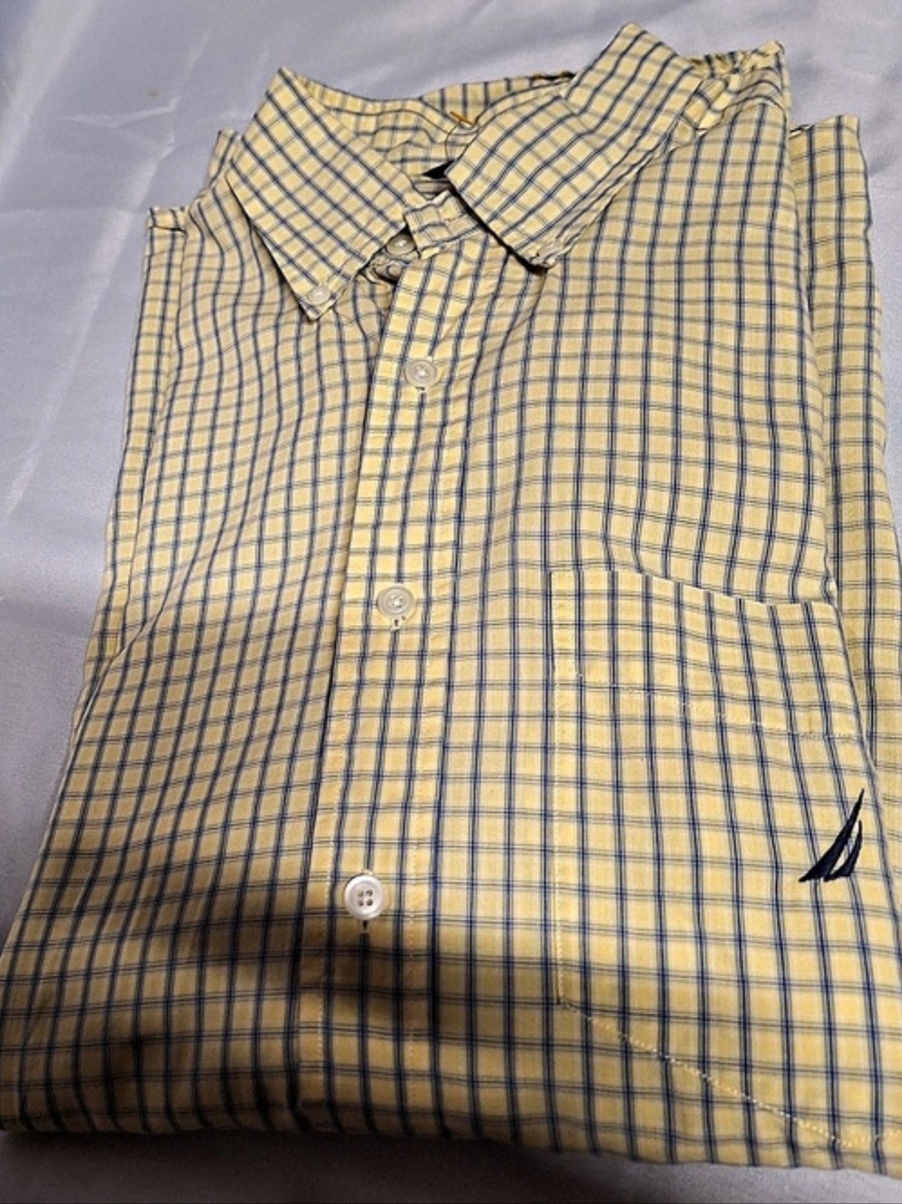 Nautica Men's Yellow and Blue Plaid Long-Sleeve Button-Down Shirt.(Size Large)